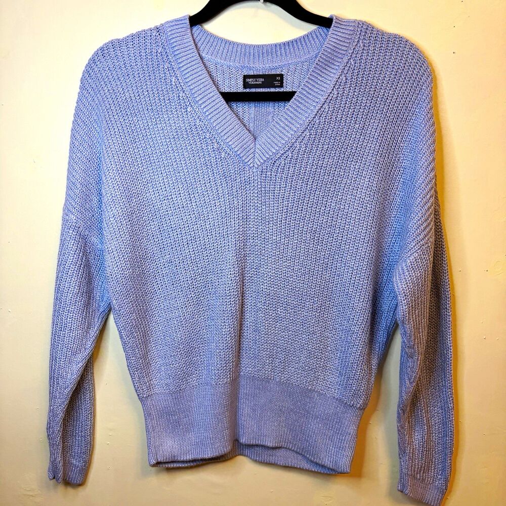 Simply Vera Vera Wang Women’s Blue Solid V-Neck Ribbed Knit Pullover Sweater XS